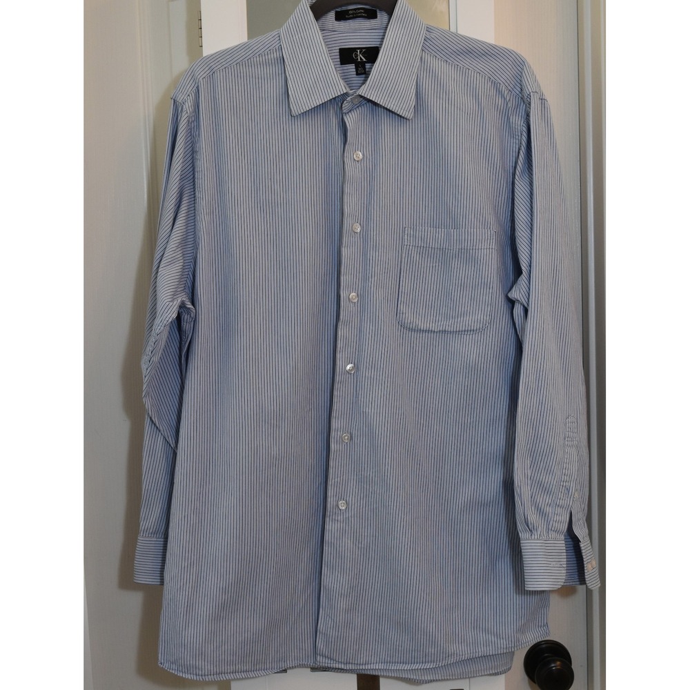 Calvin Klein Dress Shirt Men L Blue Pinstripe Long Sleeve Button Front 100% Cott